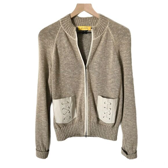 St. John Knit Zip Up Cardigan Tan Linen Silk Wool Blend Leather Pockets Size Med - Picture 1 of 7